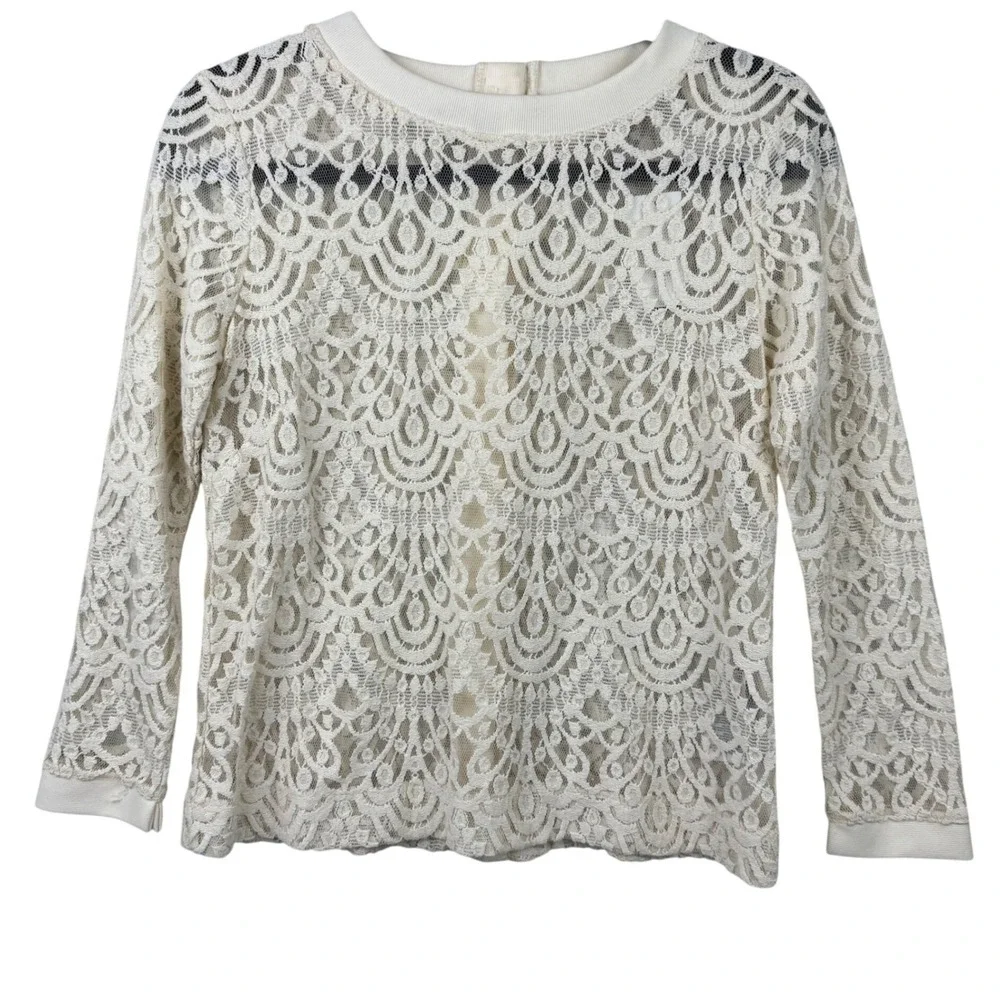 Banana Republic Lace Button Back Top Women XS Ivory‎ Cream Floral Sheer Romantic
